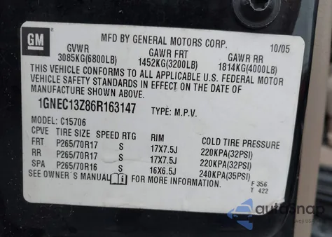 2006 Chevrolet Tahoe Lt z USA, uszkodzony, nr VIN 1GNEC13Z86R163147